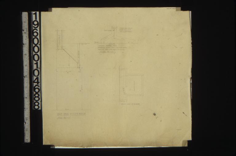 Section through hood over kitchen range\, elevation looking toward west showing vents from the two hoods merged into one vent in attic\, plan of east east end of garage.
