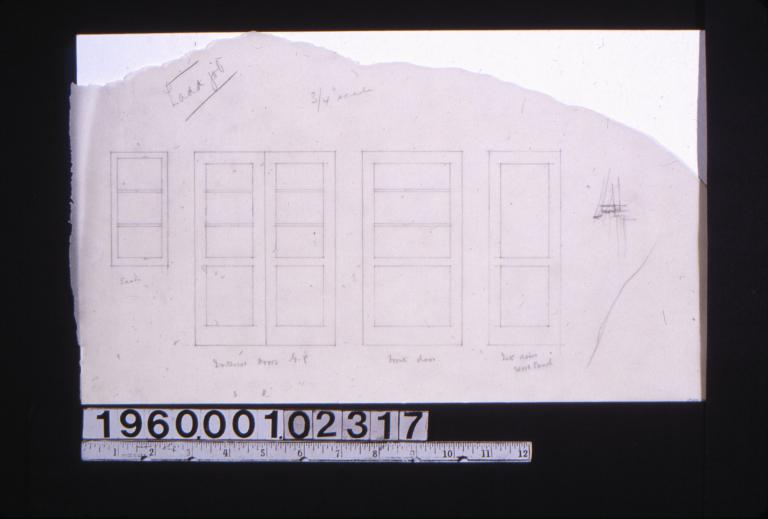 Details in elevations of sash\, interior doors (G.P.)\, front door\, interior doors (wood panel); unidentified rough detail sketch