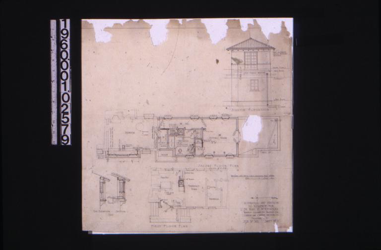 Partial south elevation\, partial second floor plan\, partial first floor plan\, end elevation and section of bay : Sheet no. 1. Encapsulated in mylar.