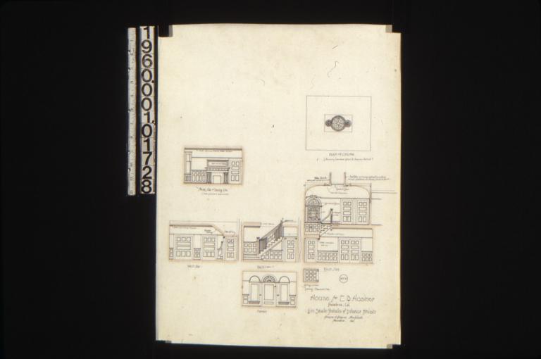 1/4 in. scale details of interior finish -- north side of dining rm. (oak paneled wainscot)\, west side\, back (oak)\, front\, east side\, plan of ceiling (showing leaded glass & stereo relief)\, plan of ceiling under landing (paneled oak) : No. 10.