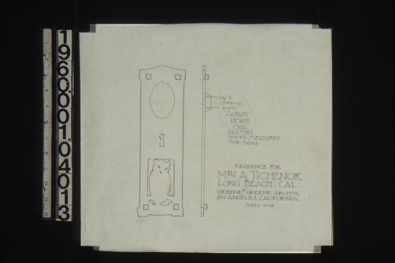 Front and side details of door plate with owl design : Sheet no. 19.