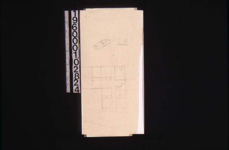Sketches -- perspective view of building\, side elevation\, plan