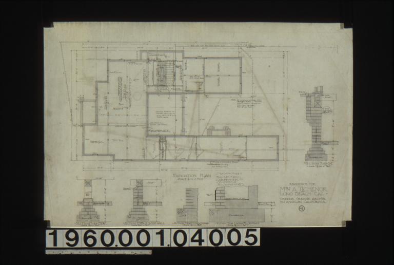 Foundation plan; section thro' piers\, section thro' outside wall\, section thro' kitchen chimney\, section thro' living r'm chimney\, section thro' C-C : No. 1. (2)