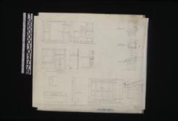 Elevation of west wall of bedrm. no. 7\, elev. of W. wall of bathrm. off bedrm. no. 7\, elevation of closet in sun rm. off bedrm. 4 with section and section thru sliding doors\, F.S.D. of interior finish\, detail of sash doors and side 1ts\, section through window\, 1 1/2" scale detail of cornice : 8. (3)
