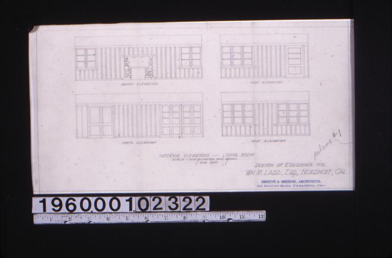 Sketch of residence -- interior elevations of living room -- south\, west\, north\, east. (2)