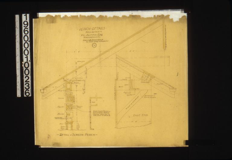 1 1/2 inch details -- detail in sections with plans of screen porch\, part plan 1/4" scale of screened porch showing where vent and water pipes are carried up : 16.