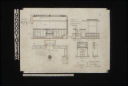Details of bookcases and stereo relief in library -- elevation with section through seat\, section through desk & cupboard\, elevation of front of seat\, plan of bookcases\, reflected ceiling plan of centre piece of stereo relief; details of mantel in southwest bedroom -- front elevation\, side elevation\, plan : 11.