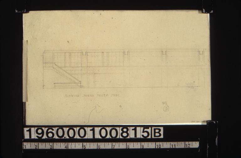 Elevation of first floor and mezzanine showing present stairs.