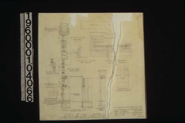Details of case in bedroom 1 -- section thru meeting styles\, vertical section thru head\, horizontal section thru mullion with cross section\, section thru door rails; elevation of handle\, F.S. details of drawers corner and center guides; diagram showing location of shelf\, elevation of drawer separater; vertical sections thru base -- for drawers\, without drawers; elevation of handles : Sheet no. 12.