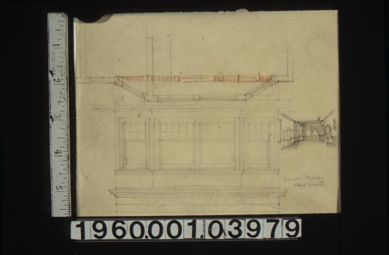 Plan and elevation of windows\, perspective sketch of unidentifed room