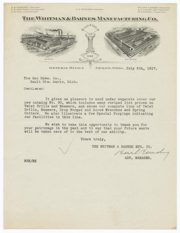 Whitman & Barnes Manufacturing Co.. Letter - Recto