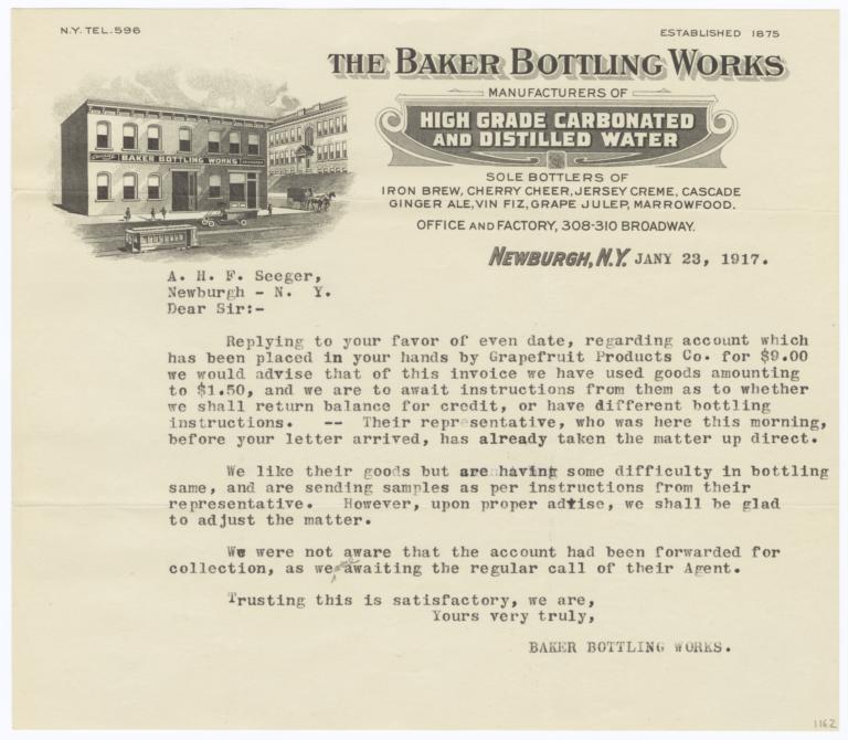 Baker Bottling Works. Letter - Recto