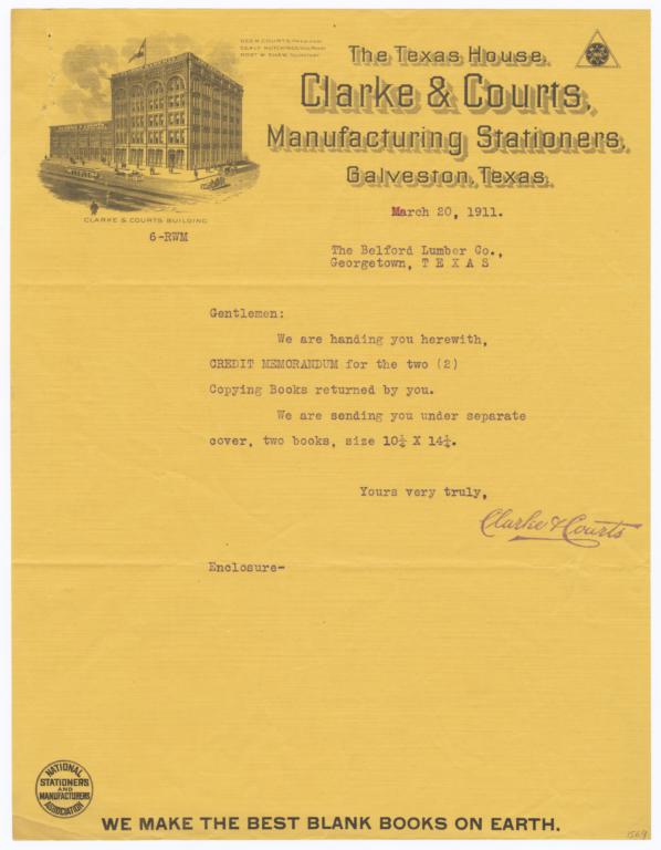 Clarke & Courts Manufacturing Stationers. Letter - Recto