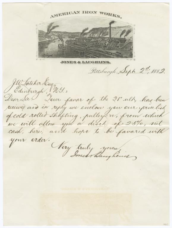 American Iron Works Jones & Laughlins. Letter - Recto