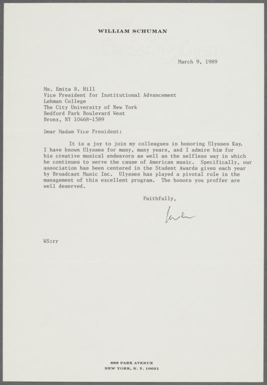 Letter from William Schuman on celebration for the retirement of Ulysses Kay