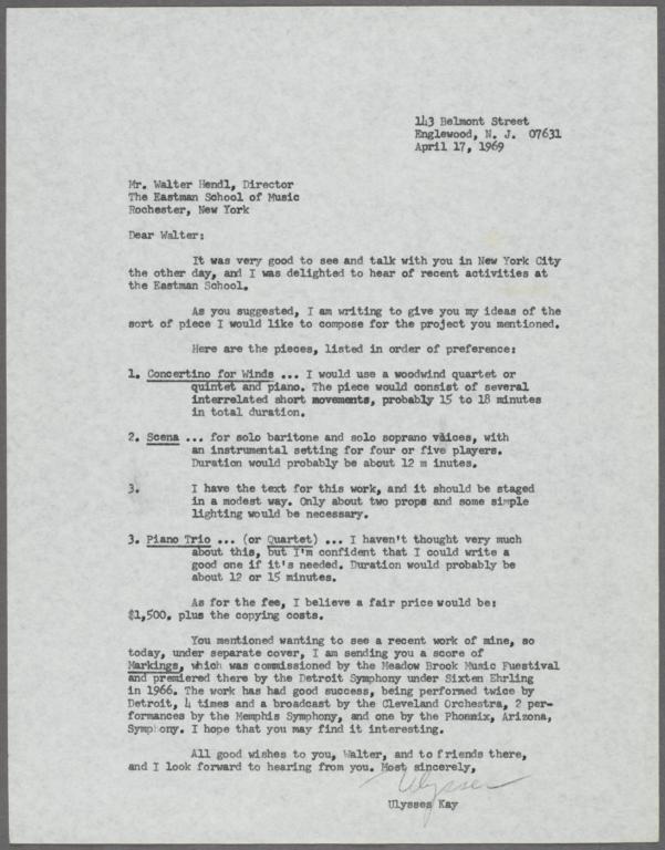 Letter from Ulysses Kay to Walter Hendl regarding a music commission