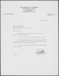 Letter from Walter Hendl to Ulysses Kay about music commission