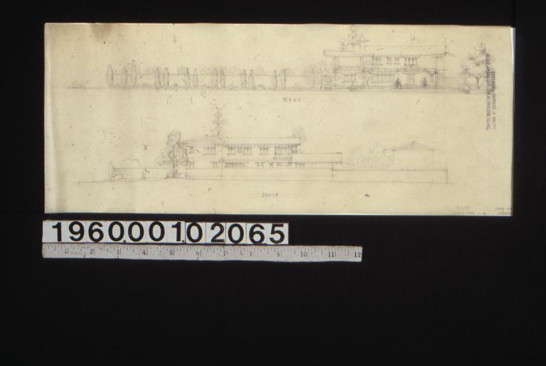 Elevation of west and south sides of house\, walls and garage : 2.